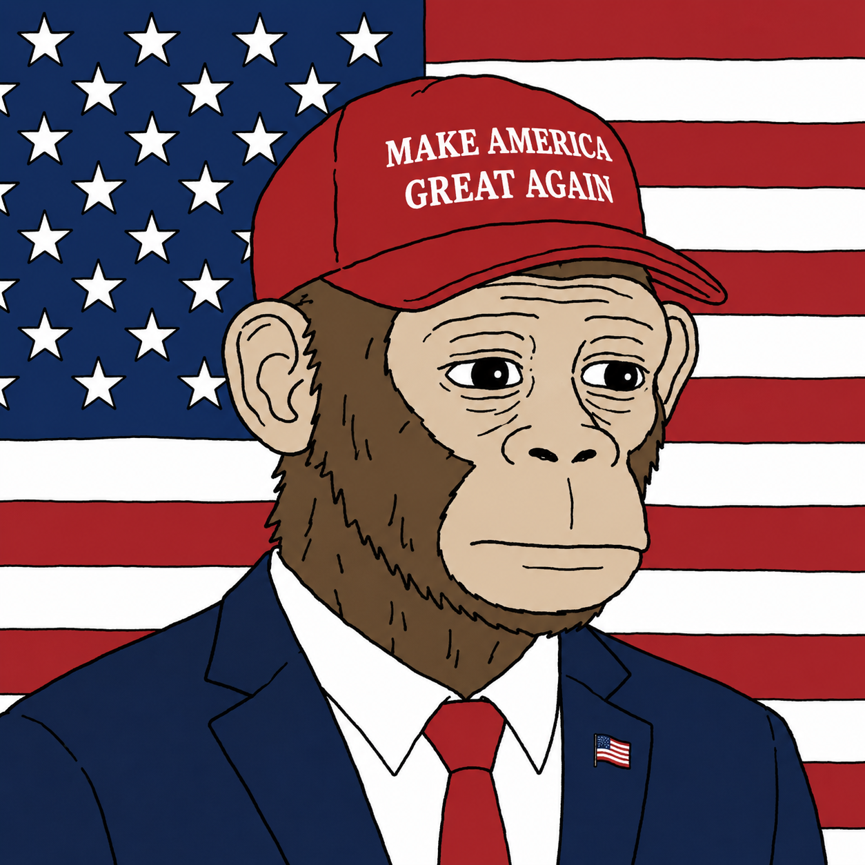 MAGA APE Wojak mascot wearing a suit and red cap